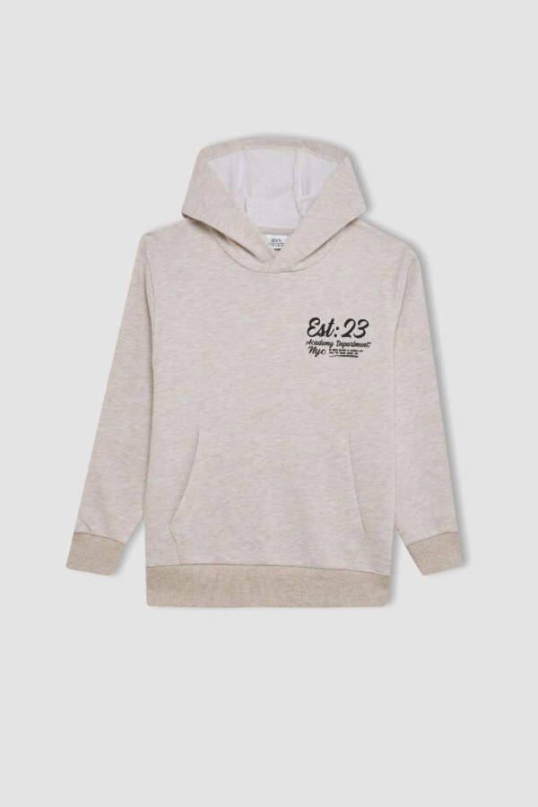 Erkek Çocuk Bej Baskılı Kapüşonlu Okul Sweatshirt Bej Melanj - 7