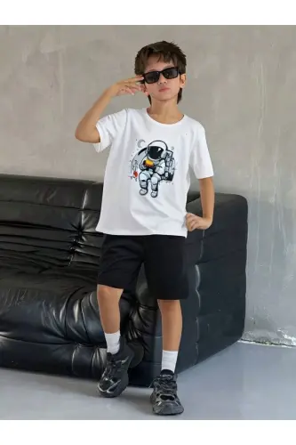 Erkek Çocuk Beya-Siyah Astronot Baskılı Tshirt-Şort Takım-beyazsiyah 