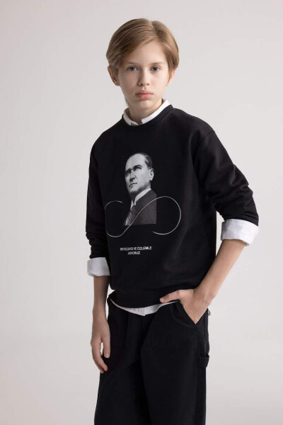 Erkek Çocuk Bisiklet Yaka Atatürk Baskılı Sweatshirt Siyah - 1