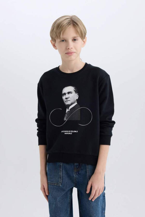 Erkek Çocuk Bisiklet Yaka Atatürk Baskılı Sweatshirt Siyah - 4