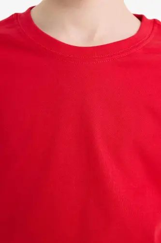 Erkek Çocuk Bisiklet Yaka Basic Düz Kısa Kollu Okul Tişörtü-Kırmızı - 5