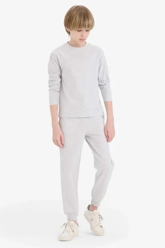 Bisiklet Yaka Basic Düz Uzun Kollu Okul Tişörtü Erkek Çocuk-Optik Gri Melanj - 2