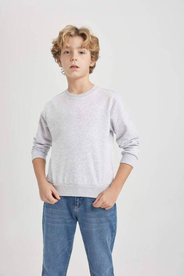 Erkek Çocuk Bisiklet Yaka Basic Sweatshirt Optik Gri Melanj - 1