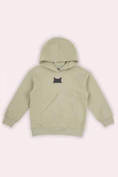 Erkek Çocuk Cep Detaylı Kapüşonlu Yeşil Sweatshirt - 1