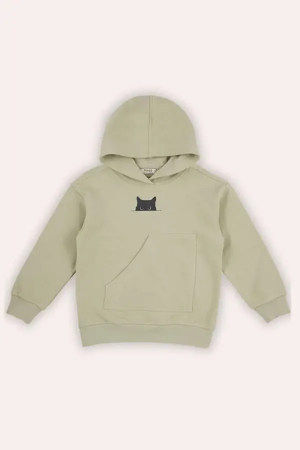 Erkek Çocuk Cep Detaylı Kapüşonlu Yeşil Sweatshirt - 1