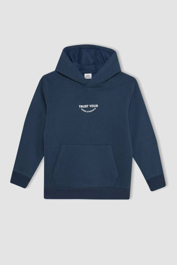 Erkek Çocuk Cepli Yazı Baskılı Kapüşonlu Kalın Okul Sweatshirt Lacivert - 1