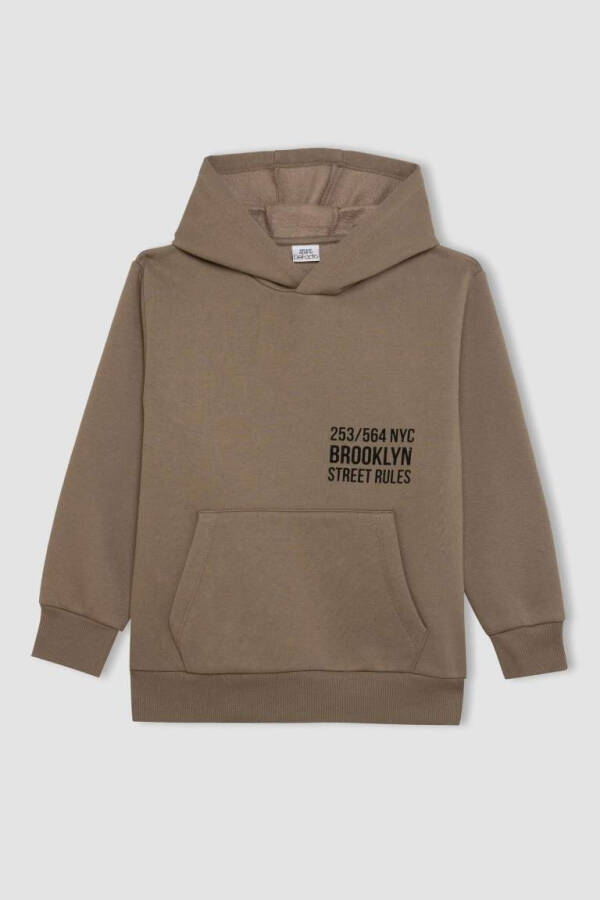 Erkek Çocuk Cepli Yazı Baskılı Kapüşonlu Kalın Okul Sweatshirt Meşe Yeşili - 4