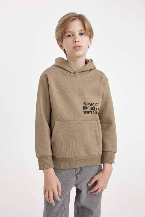 Erkek Çocuk Cepli Yazı Baskılı Kapüşonlu Kalın Okul Sweatshirt Meşe Yeşili - 7