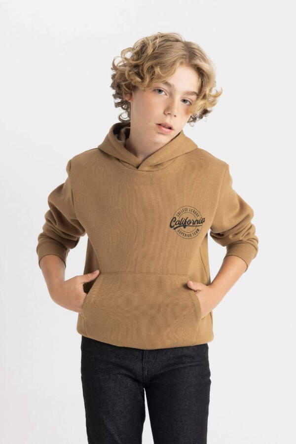 Erkek Çocuk Cepli Yazılı Baskılı Kapüşonlu Kalın Okul Sweatshirt Kahve - 3