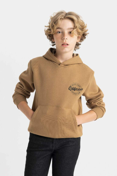 Erkek Çocuk Cepli Yazılı Baskılı Kapüşonlu Kalın Okul Sweatshirt Kahve - 4