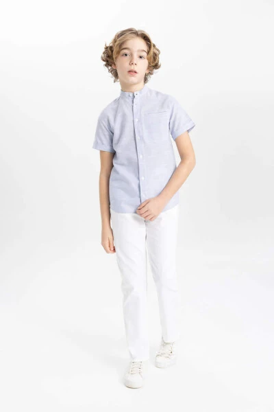 Erkek Çocuk Dik Yaka Keten Görünümlü Kısa Kollu Gömlek Açık Mavi - Defacto (1)