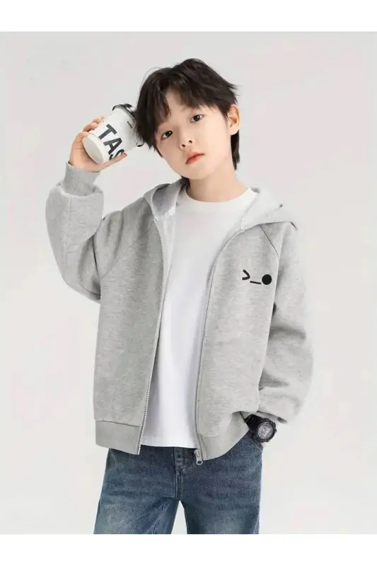 Erkek Çocuk Gri Gülücük Baskılı Fermuarlı Hırka-GRİ1 - 1