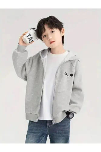 Erkek Çocuk Gri Gülücük Baskılı Fermuarlı Hırka-GRİ1 