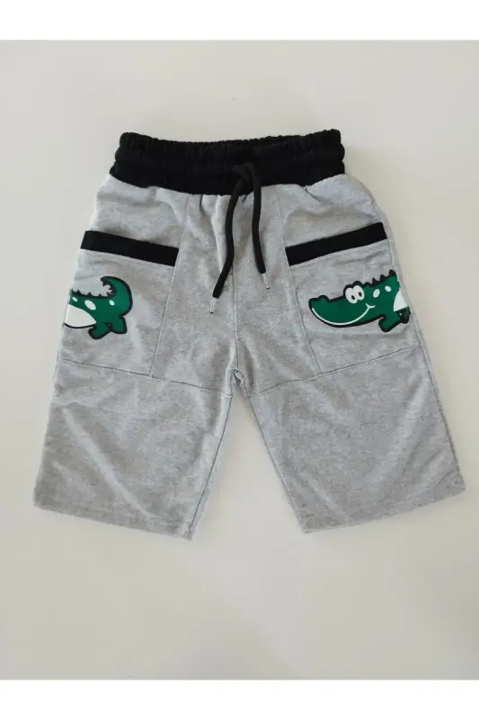 Erkek Çocuk Gri Renk Cepli Baskılı Şort Kapri-gri - 1