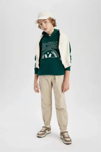 Erkek Çocuk Beli Bağcıklı Cepli Lastikli Paça Jogger Basic Düz Pantolon-Bej - 3
