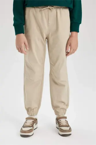 Erkek Çocuk Beli Bağcıklı Cepli Lastikli Paça Jogger Basic Düz Pantolon-Bej - 4