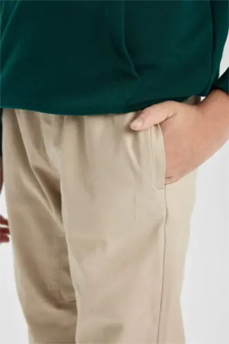 Erkek Çocuk Beli Bağcıklı Cepli Lastikli Paça Jogger Basic Düz Pantolon-Bej - 5