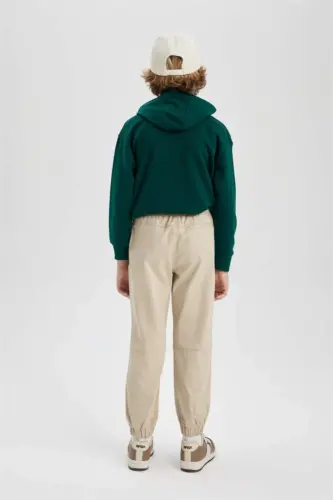 Erkek Çocuk Beli Bağcıklı Cepli Lastikli Paça Jogger Basic Düz Pantolon-Bej - 7