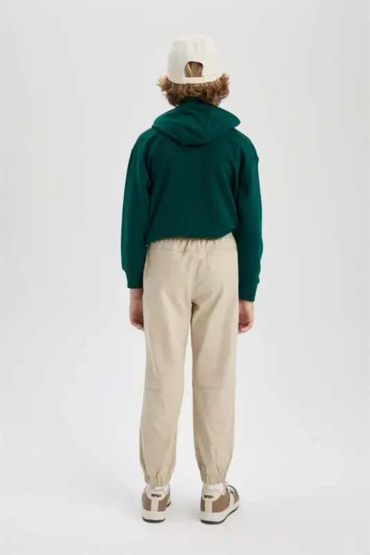 Erkek Çocuk Beli Bağcıklı Cepli Lastikli Paça Jogger Basic Düz Pantolon-Bej - 7
