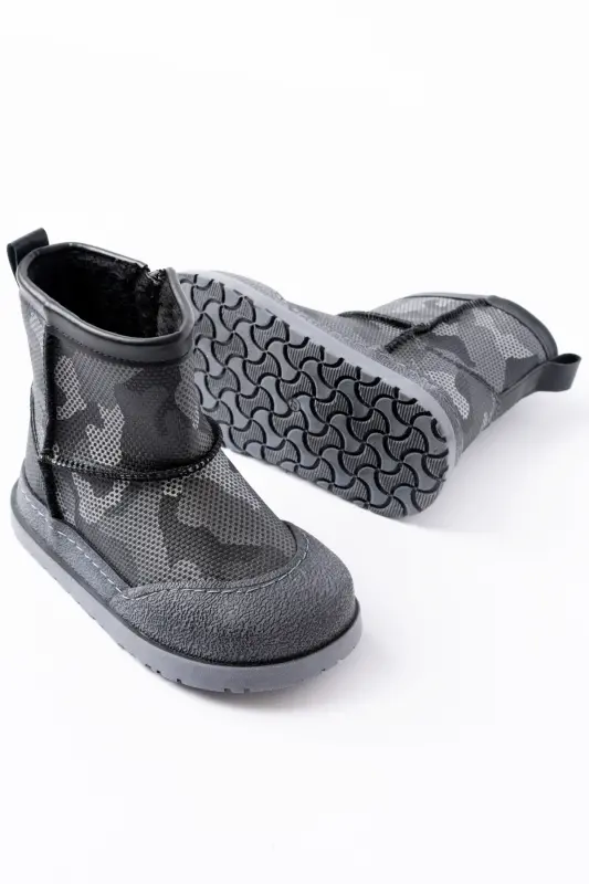 Erkek Çocuk Kamuflaj Desenli Tüylü Su Geçirmez Kaydırmaz Taban Bot-Füme - 2