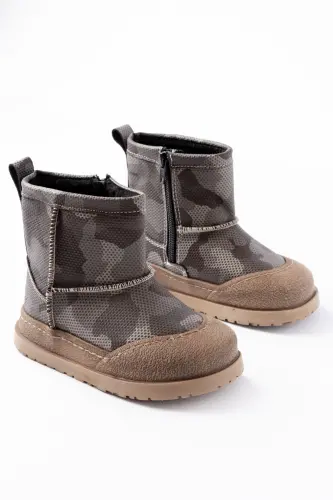 Erkek Çocuk Kamuflaj Desenli Tüylü Su Geçirmez Kaydırmaz Taban Bot-Haki 