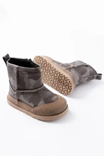 Erkek Çocuk Kamuflaj Desenli Tüylü Su Geçirmez Kaydırmaz Taban Bot-Haki - MODAZONE (1)