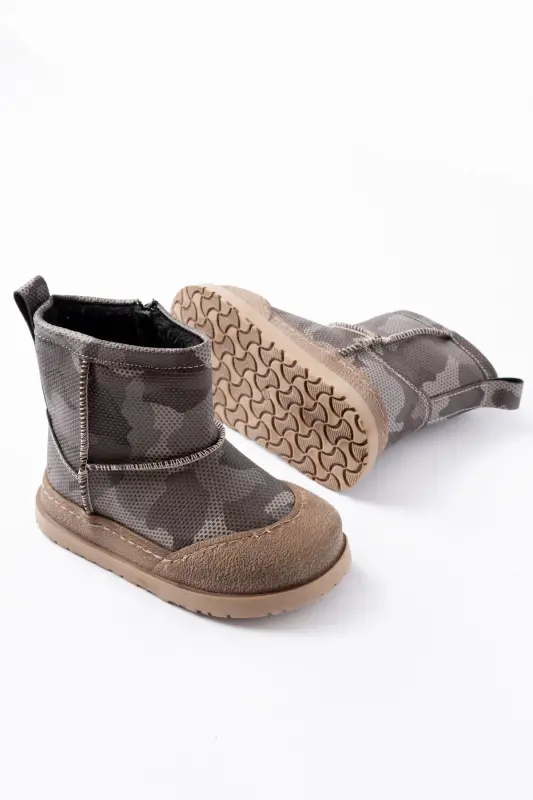 Erkek Çocuk Kamuflaj Desenli Tüylü Su Geçirmez Kaydırmaz Taban Bot-Haki - 2