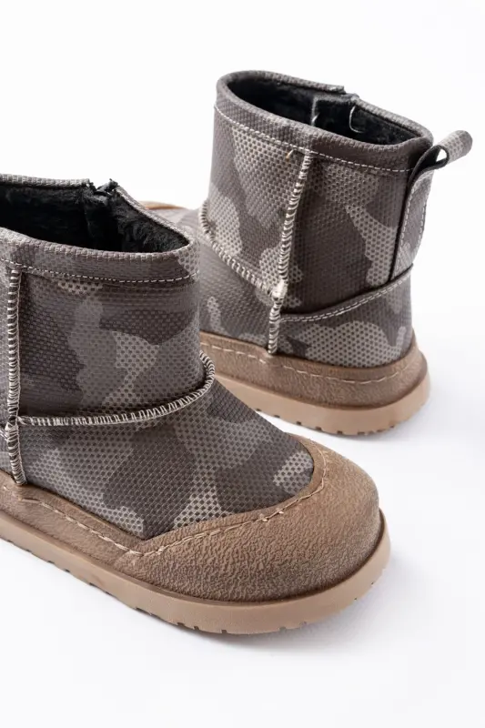 Erkek Çocuk Kamuflaj Desenli Tüylü Su Geçirmez Kaydırmaz Taban Bot-Haki - 3