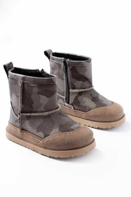 Erkek Çocuk Kamuflaj Desenli Tüylü Su Geçirmez Kaydırmaz Taban Bot-Haki - 1