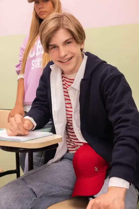 Erkek Çocuk Basic Düz Lacivert Kapüşonlu Cepli Fermuarlı Okul Hırkası X7382A624AU-Lacivert - 1