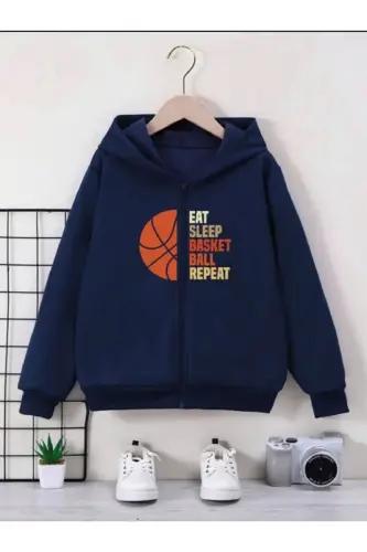 Erkek Çocuk Lacivert Kapşonlu Şardonlu Basketbol Repeat Baskılı Fermuarlı Hırka - LACİVERTS 