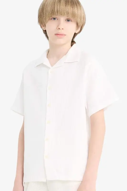 Oversıze Polo Yaka Müslin Kısa Kollu Gömlek Erkek Çocuk-Beyaz - 3