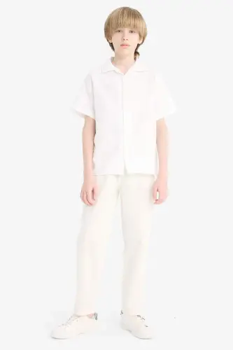Oversıze Polo Yaka Müslin Kısa Kollu Gömlek Erkek Çocuk-Beyaz - 5