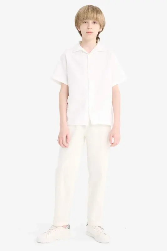 Oversıze Polo Yaka Müslin Kısa Kollu Gömlek Erkek Çocuk-Beyaz - 5