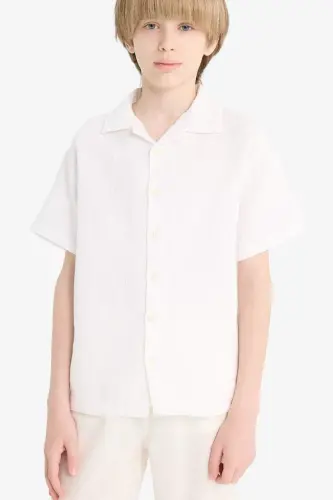 Oversıze Polo Yaka Müslin Kısa Kollu Gömlek Erkek Çocuk-Beyaz - 6