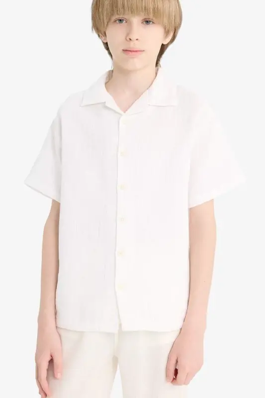 Oversıze Polo Yaka Müslin Kısa Kollu Gömlek Erkek Çocuk-Beyaz - 6