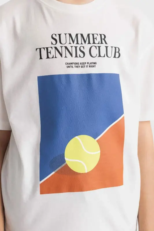 Erkek Çocuk Oversize Geniş Kalıp Bisiklet Yaka Baskılı Kısa Kollu Tişört-Ekru - 5