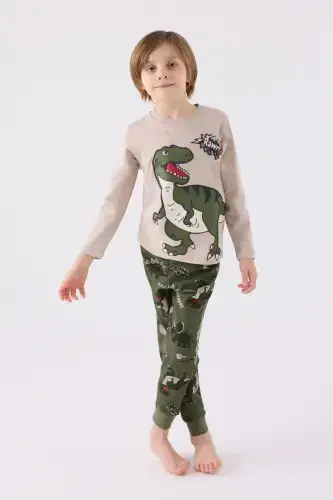 Erkek Çocuk Haki Uzun Kol Pijama Takım - 1