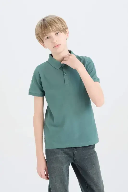 Erkek Çocuk Polo Yaka Basic Düz Pike Kısa Kollu Tişört-Yeşil - 5