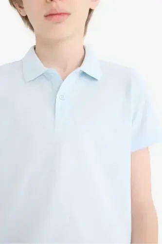Erkek Çocuk Polo Yaka Basic Düz Pike Okul Tişörtü-Açık Mavi - 5