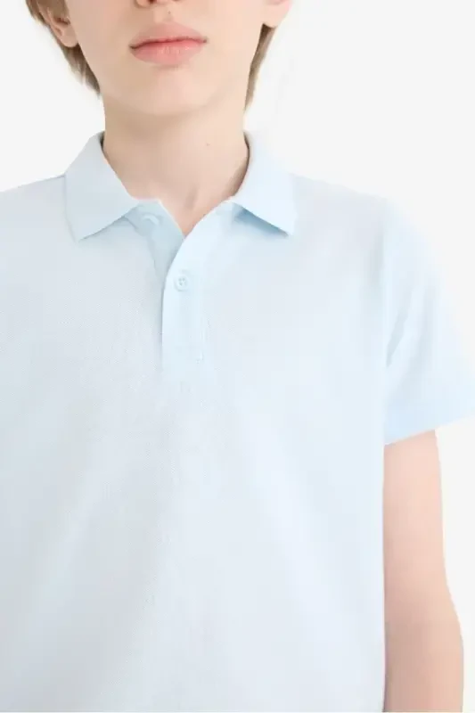 Erkek Çocuk Polo Yaka Basic Düz Pike Okul Tişörtü-Açık Mavi - 5