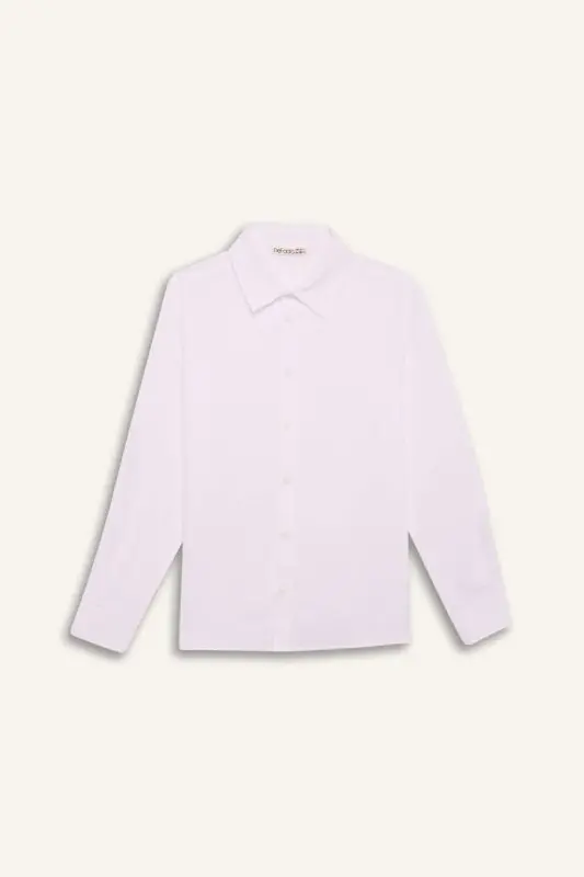 Polo Yaka Keten Görünümlü Uzun Kollu Basic Düz Gömlek Erkek Çocuk-Beyaz - 6