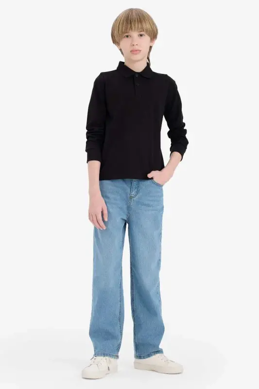 Polo Yaka Pike Uzun Kollu Okul Tişörtü Erkek Çocuk-Siyah - 4