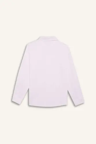 Polo Yaka Keten Görünümlü Uzun Kollu Basic Düz Gömlek Erkek Çocuk-Beyaz - 6