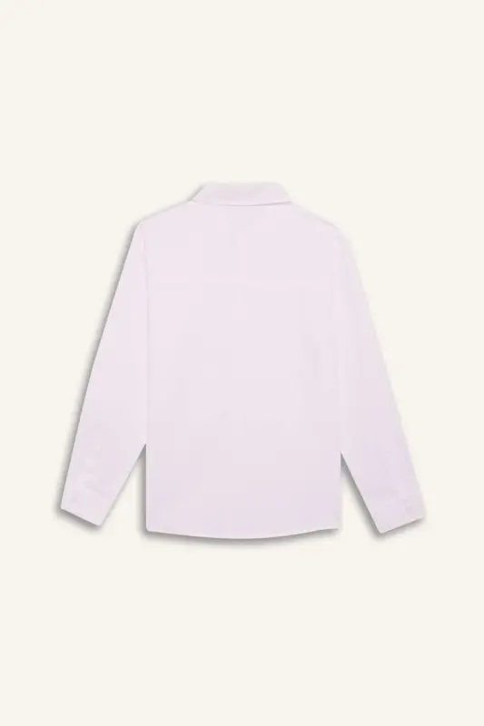 Polo Yaka Keten Görünümlü Uzun Kollu Basic Düz Gömlek Erkek Çocuk-Beyaz - 6