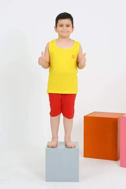 Erkek Çocuk Sıfır Kol Şortlu Sarı Penye Pijama Takımı 20434 - 4