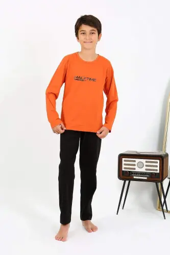 Erkek Çocuk Uzun Kol Penye Pijama Takım 20437 Turuncu - 4
