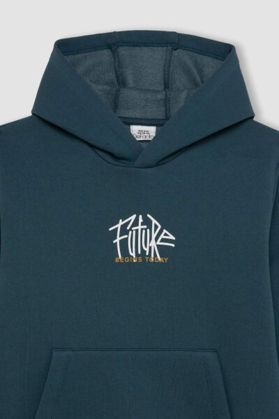 Erkek Çocuk Yazı Baskılı Cepli Kapüşonlu Kalın Okul Sweatshirt Koyu Yeşil - 9