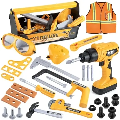 Zealous Kids Tool Set for Boys,Toddler Tool Set with Kids Tool Box & Electronic Toy Drill,Construction Pretend Play Tools for Kids,Toys for 3 4 5 Year Old Boys,Toddler Boy Toys 