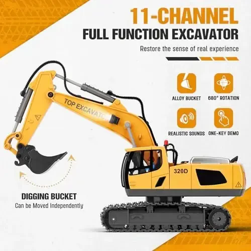 Remote Control Excavator Construction Toys for Boys, 2×1200mAh RC Construction Truck with Metal Shovel & Light, 11CH Excavator Toys for Boys 3-5 4-7 8-12 Year Old Kids Christmas Birthday Gift,120+Mins - REMOTE (1)